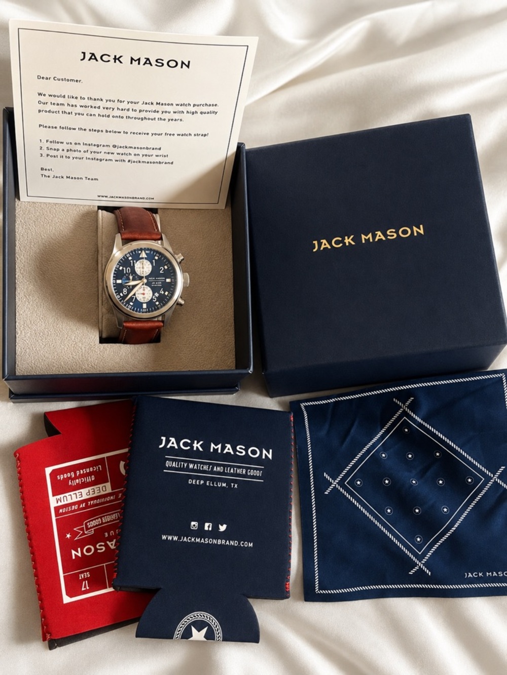 Jack Mason Watch - blue face, silver frame , brown leather band